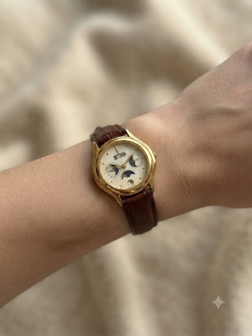 Brittania Quartz Vintage Gold Tone Moonphase Watch with Brown Leather Strap